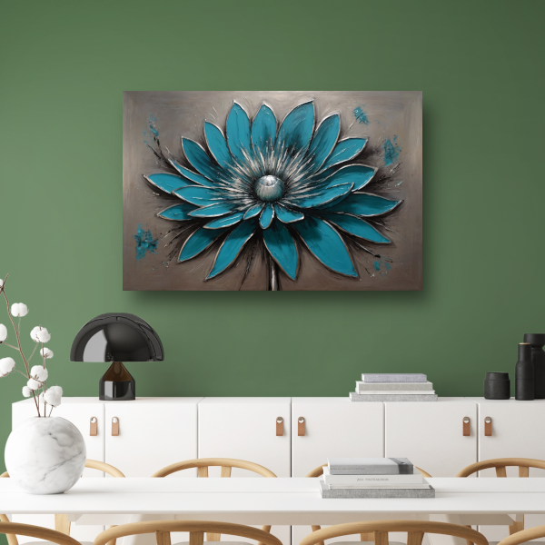 Turkooise Bloem met Zilveren Accenten canvas met baklijst