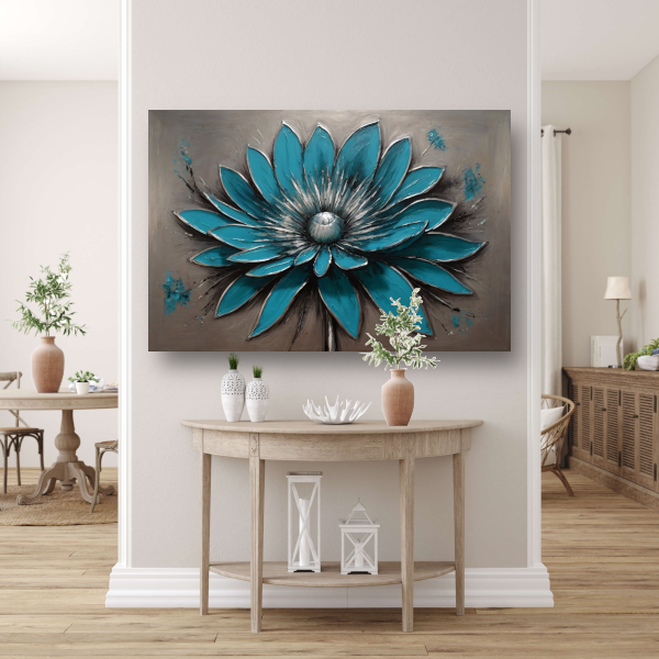 Turkooise Bloem met Zilveren Accenten canvas met baklijst
