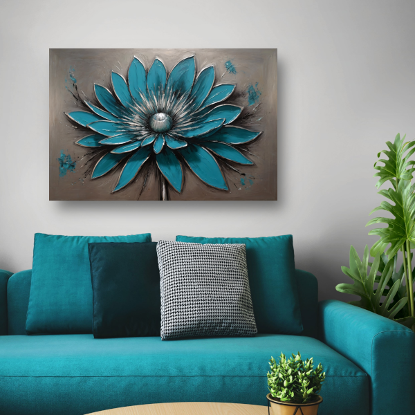 Turkooise Bloem met Zilveren Accenten canvas met baklijst