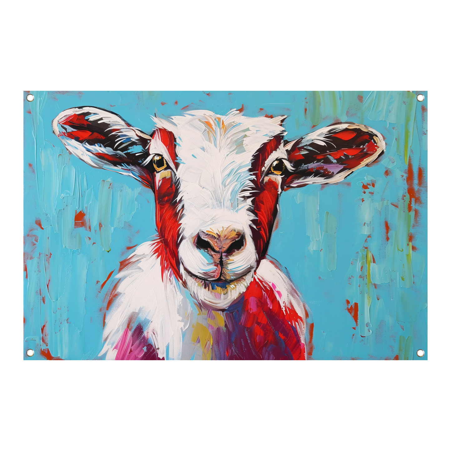 Expressieve kleurrijke geitenkunst op levendige achtergrond tuinposter