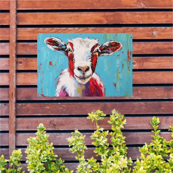 Expressieve kleurrijke geitenkunst op levendige achtergrond tuinposter