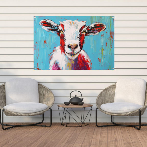 Expressieve kleurrijke geitenkunst op levendige achtergrond tuinposter
