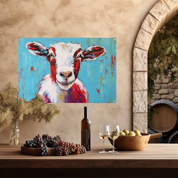 Expressieve kleurrijke geitenkunst op levendige achtergrond tuinposter