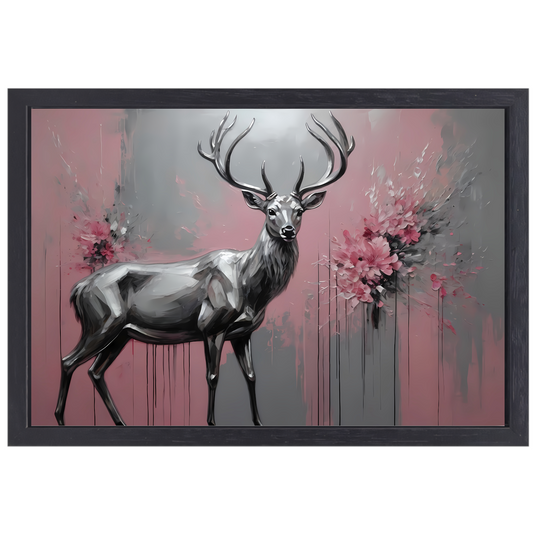 Abstract Zilver Hert in Roze Bloemenveld canvas met baklijst
