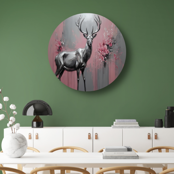 Abstract Zilver Hert in Roze Bloemenveld aluminium muurcirkel