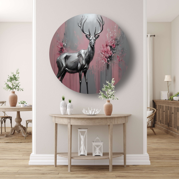 Abstract Zilver Hert in Roze Bloemenveld aluminium muurcirkel