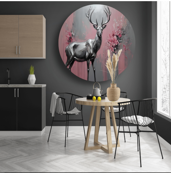 Abstract Zilver Hert in Roze Bloemenveld aluminium muurcirkel