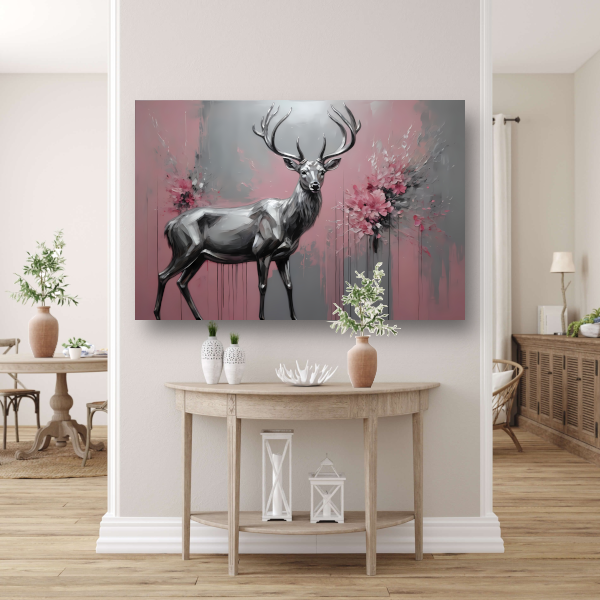 Abstract Zilver Hert in Roze Bloemenveld canvas met baklijst