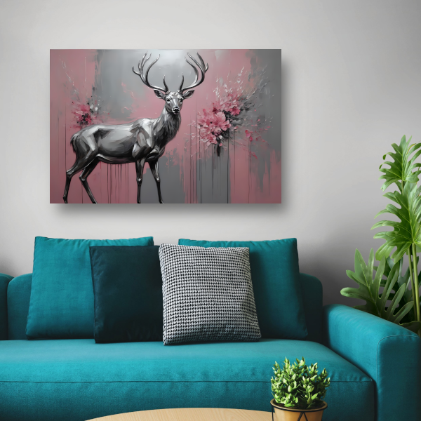 Abstract Zilver Hert in Roze Bloemenveld canvas met baklijst