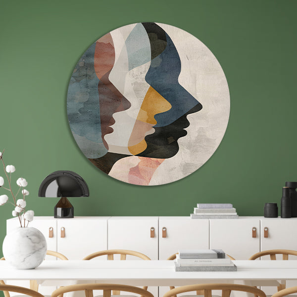 Abstracte Gezichten in Blauw, Beige en Geel forex muurcirkel