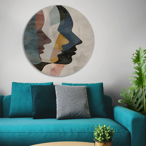 Abstracte Gezichten in Blauw, Beige en Geel aluminium muurcirkel