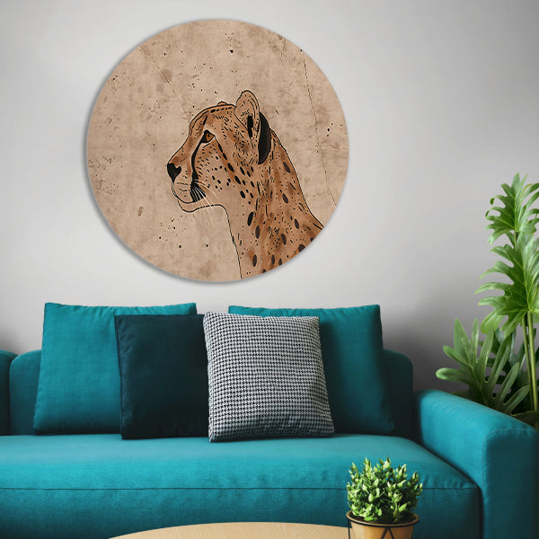 Cheeta kunstwerk met sepia achtergrond aluminium muurcirkel