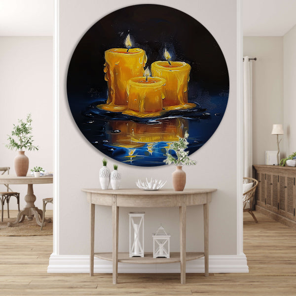 Realistisch schilderij van brandende kaarsen aluminium muurcirkel