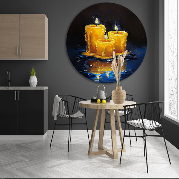 Realistisch schilderij van brandende kaarsen aluminium muurcirkel
