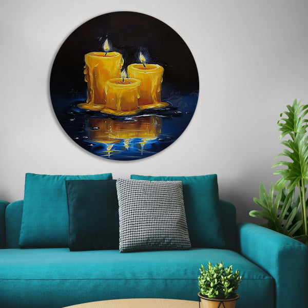 Realistisch schilderij van brandende kaarsen aluminium muurcirkel