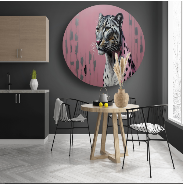 Elegante luipaard op minimalistische roze achtergrond aluminium muurcirkel