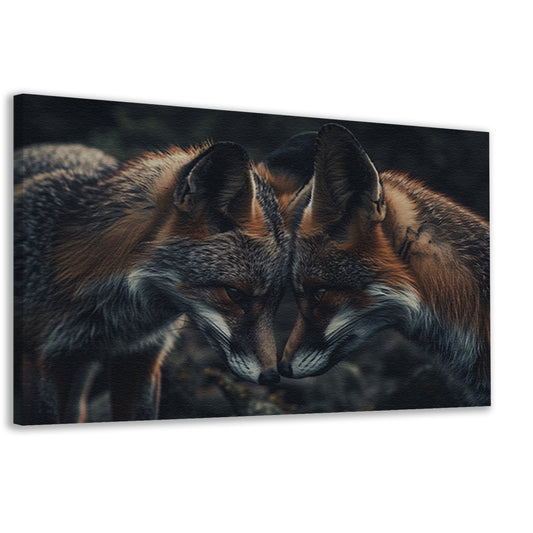 Twee vossen tegenover elkaar in donkere omgeving canvas