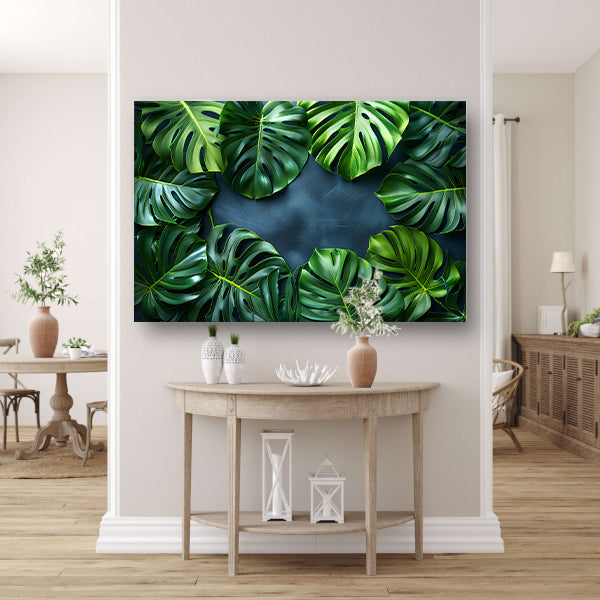 Monstera Bladeren op Blauwe Achtergrond poster