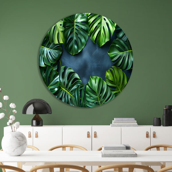 Monstera Bladeren op Blauwe Achtergrond aluminium muurcirkel