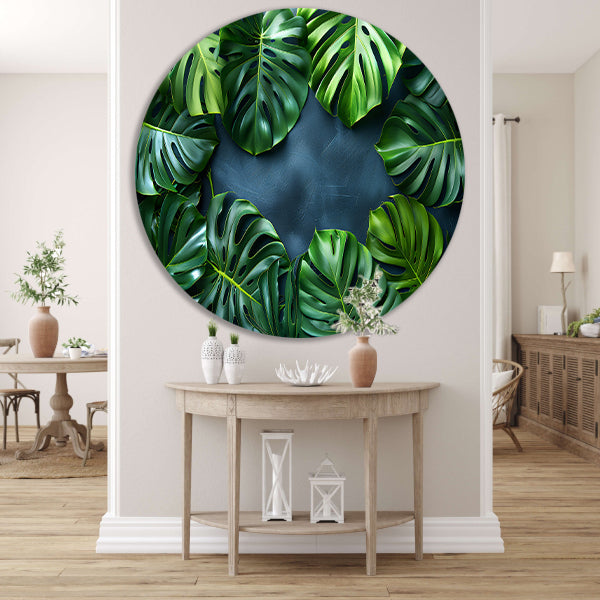 Monstera Bladeren op Blauwe Achtergrond aluminium muurcirkel