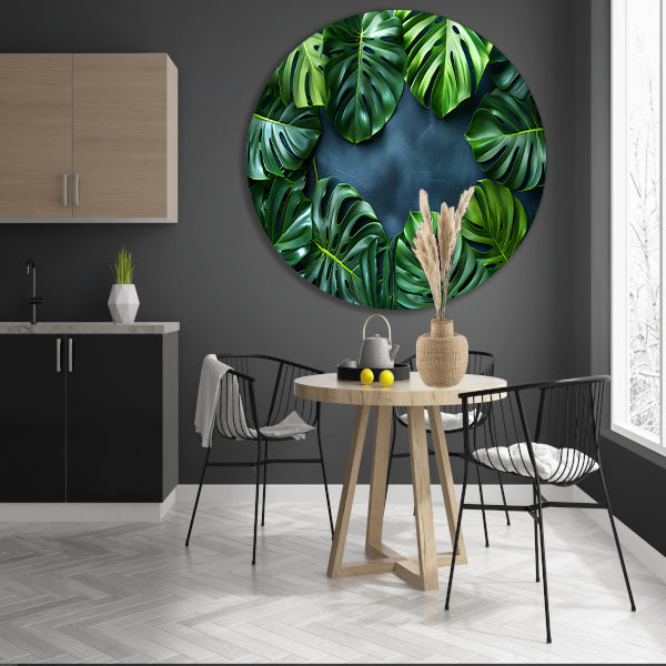 Monstera Bladeren op Blauwe Achtergrond aluminium muurcirkel