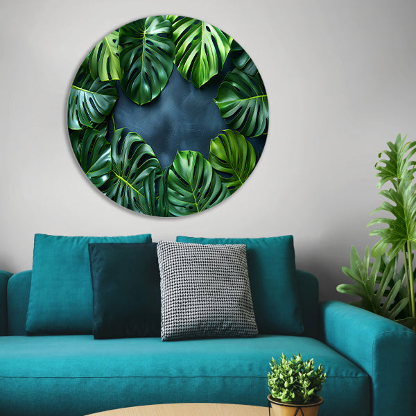 Monstera Bladeren op Blauwe Achtergrond aluminium muurcirkel