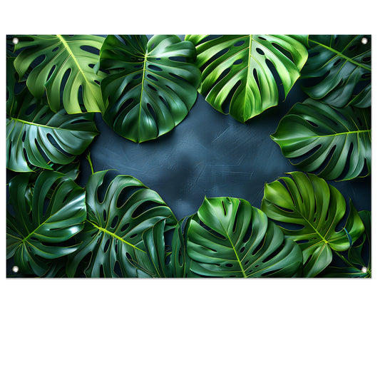 Monstera Bladeren op Blauwe Achtergrond tuinposter