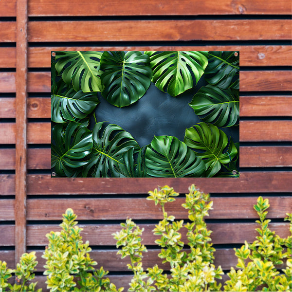 Monstera Bladeren op Blauwe Achtergrond tuinposter