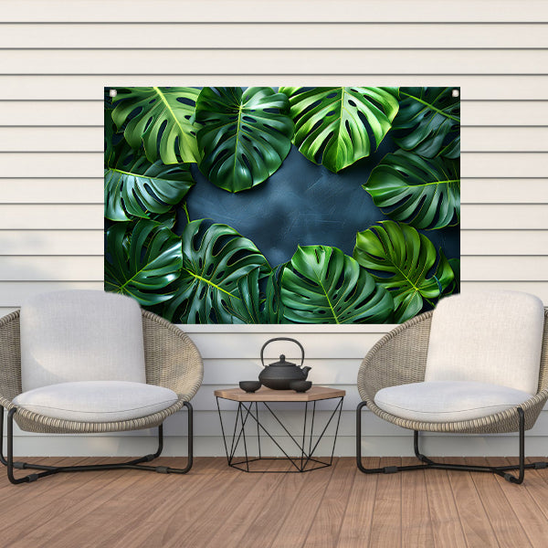 Monstera Bladeren op Blauwe Achtergrond tuinposter