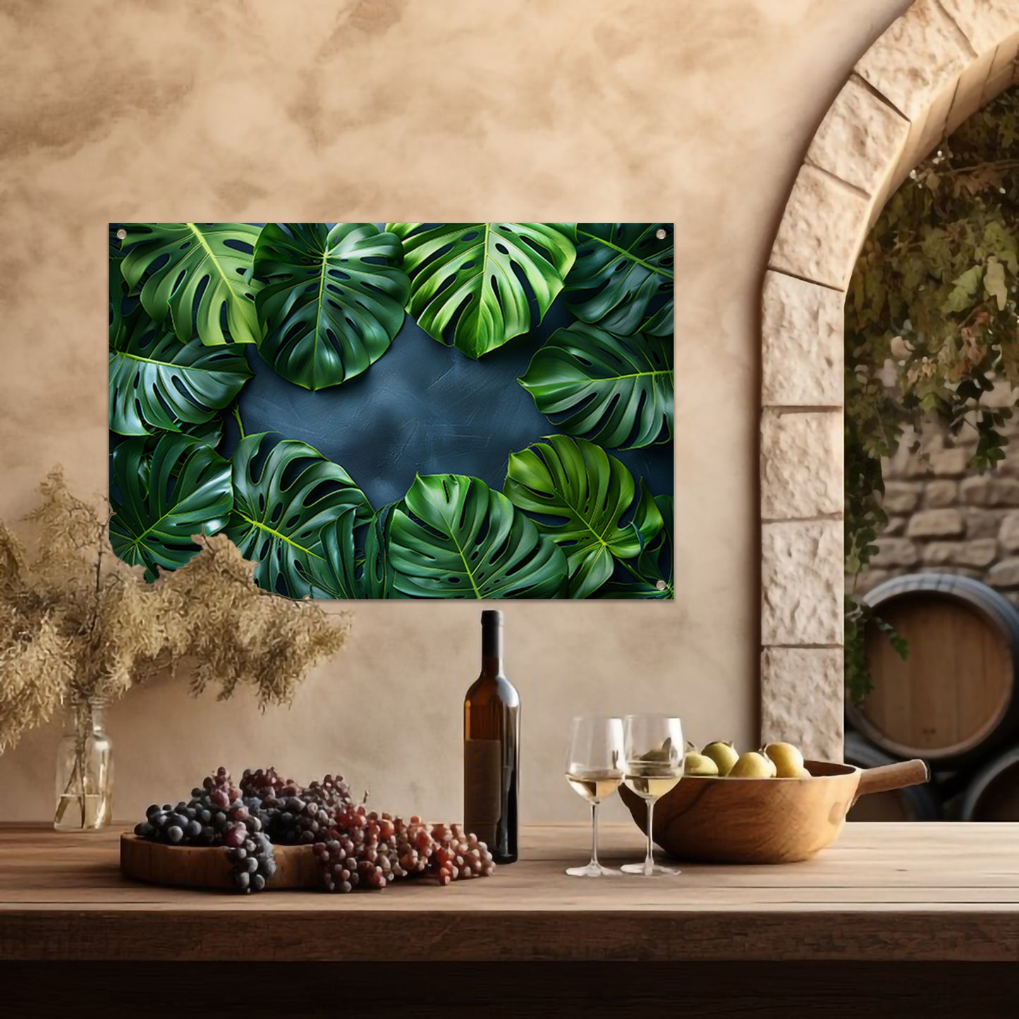 Monstera Bladeren op Blauwe Achtergrond tuinposter