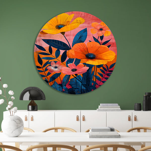 Moderne kunst met kleurrijke bloemen en bladeren forex muurcirkel