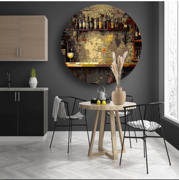Flessenstilleven in epressionistische stijl aluminium muurcirkel