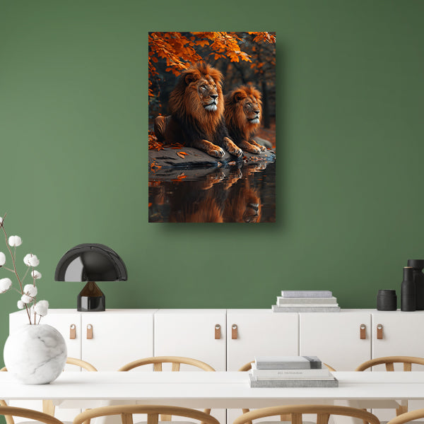 Leeuwen bij zonsondergang poster
