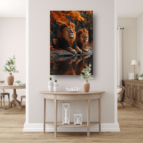 Leeuwen bij zonsondergang poster