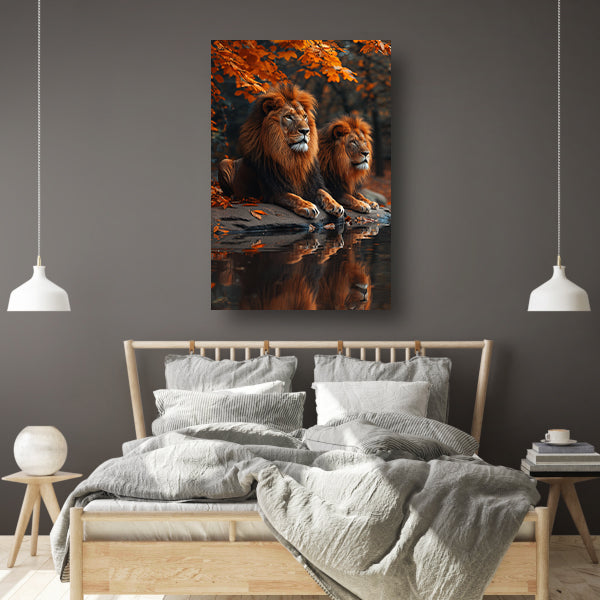 Leeuwen bij zonsondergang poster