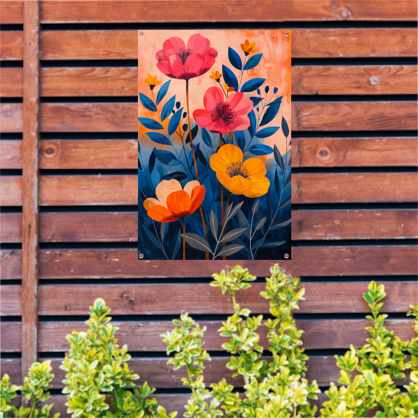 Moderne Kleurrijke Bloemenpracht op Levendige Achtergrond tuinposter