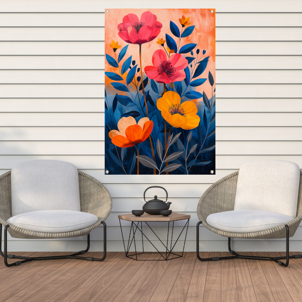 Moderne Kleurrijke Bloemenpracht op Levendige Achtergrond tuinposter