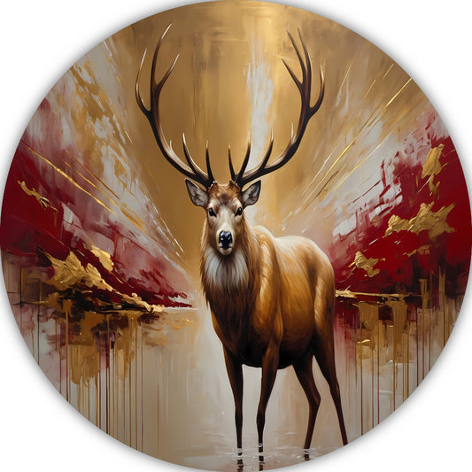 Majestueuze Gouden Hert in Abstract Rood aluminium muurcirkel