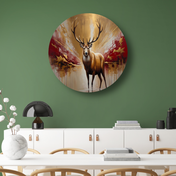 Majestueuze Gouden Hert in Abstract Rood aluminium muurcirkel