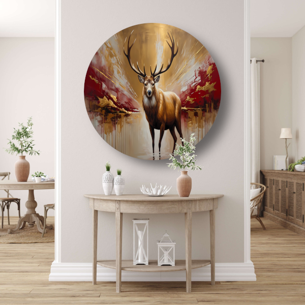 Majestueuze Gouden Hert in Abstract Rood aluminium muurcirkel