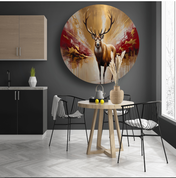 Majestueuze Gouden Hert in Abstract Rood aluminium muurcirkel