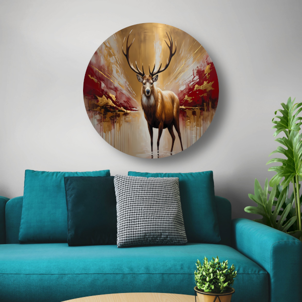Majestueuze Gouden Hert in Abstract Rood aluminium muurcirkel