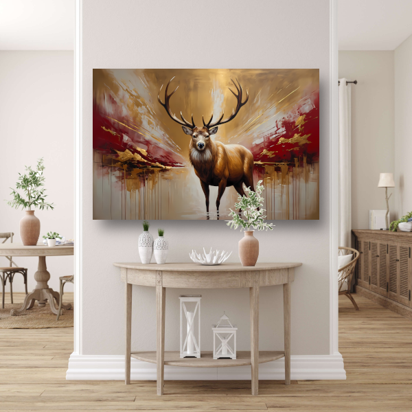 Majestueuze Gouden Hert in Abstract Rood canvas met baklijst