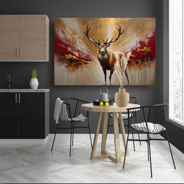 Majestueuze Gouden Hert in Abstract Rood canvas met baklijst