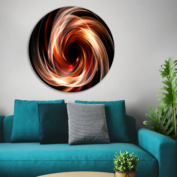 Abstracte Swirl in Zwart Wit Oranje aluminium muurcirkel