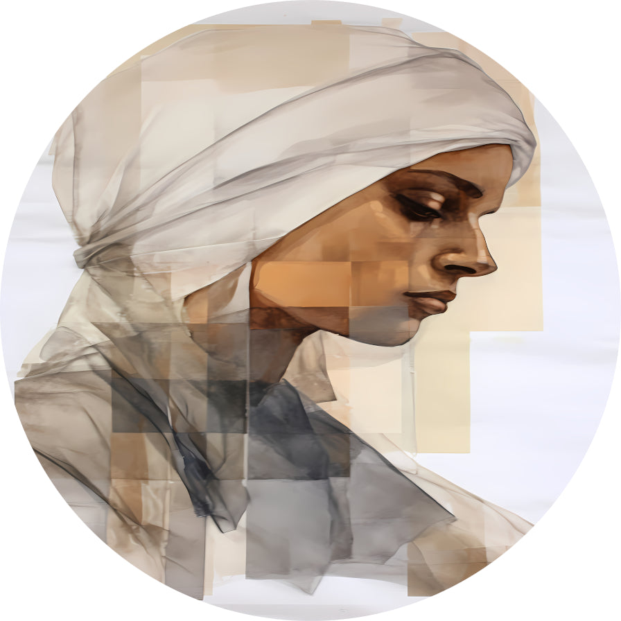 Vrouw in Gedachte met Hoofddoek aluminium muurcirkel