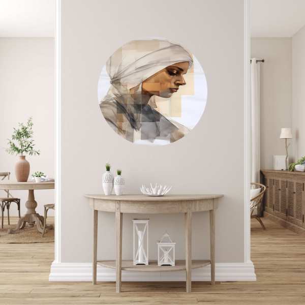Vrouw in Gedachte met Hoofddoek aluminium muurcirkel