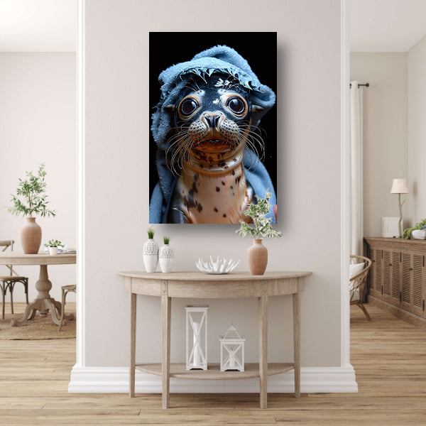 Zeehondje in een blauwe handdoek poster