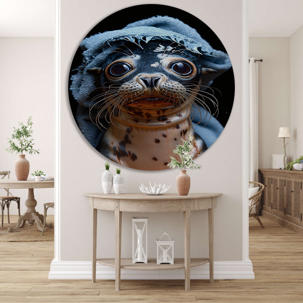 Zeehondje in een blauwe handdoek aluminium muurcirkel