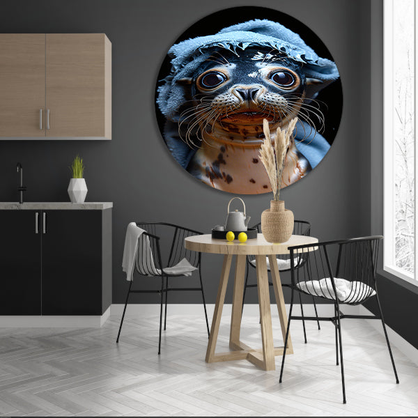 Zeehondje in een blauwe handdoek aluminium muurcirkel